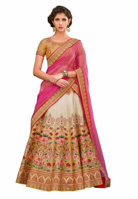 Pink art silk contrast pallu unstitched lehenga choli 1