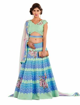 Green art silk contrast pallu unstitched lehenga choli 1