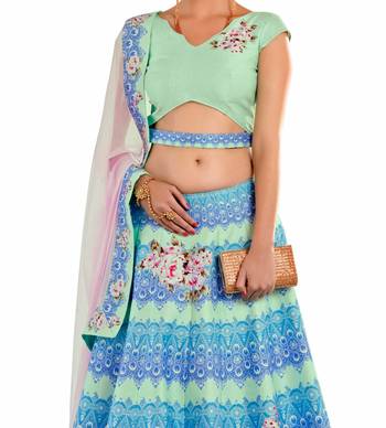 Green art silk contrast pallu unstitched lehenga choli 2