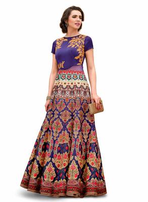Blue art silk contrast pallu unstitched lehenga choli 4