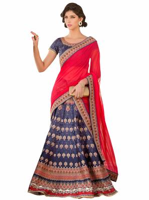 Blue art silk contrast pallu unstitched lehenga choli 1