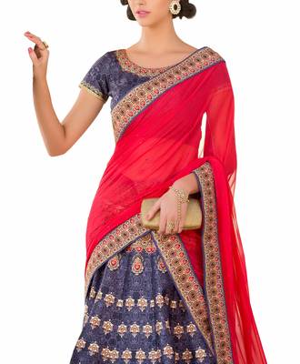 Blue art silk contrast pallu unstitched lehenga choli 3