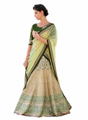 Green art silk contrast pallu unstitched lehenga choli 1