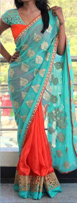 Blue Embroidered Georgette Saree With Blouse 1