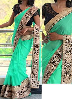 Lime Embroidered Georgette Saree With Blouse 1