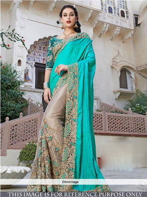 Cyan Embroidered Net Saree With Blouse 1