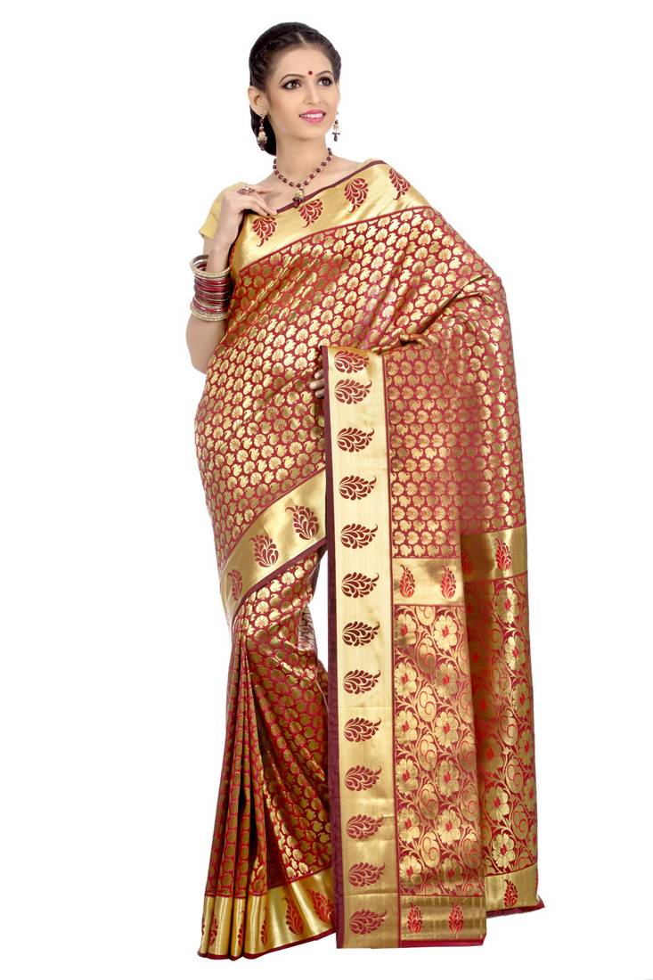 Maroon and Golden woven art silk kanjivaram saree With Blouse