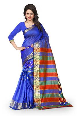 Blue plain art silk saree With Blouse 1
