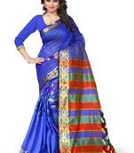 Blue plain art silk saree With Blouse