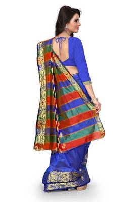 Blue plain art silk saree With Blouse 3