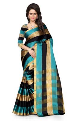 Rama and Black plain art silk saree With Blouse 1