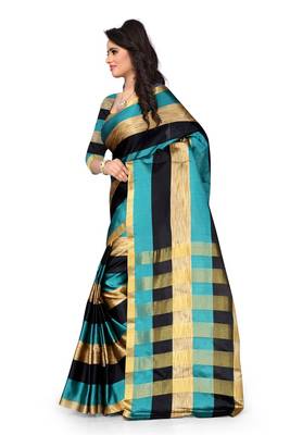 Rama and Black plain art silk saree With Blouse 2