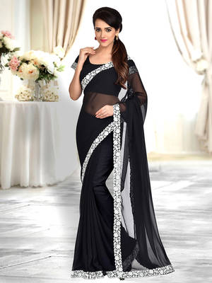 Black plain faux georgette saree With Blouse 1