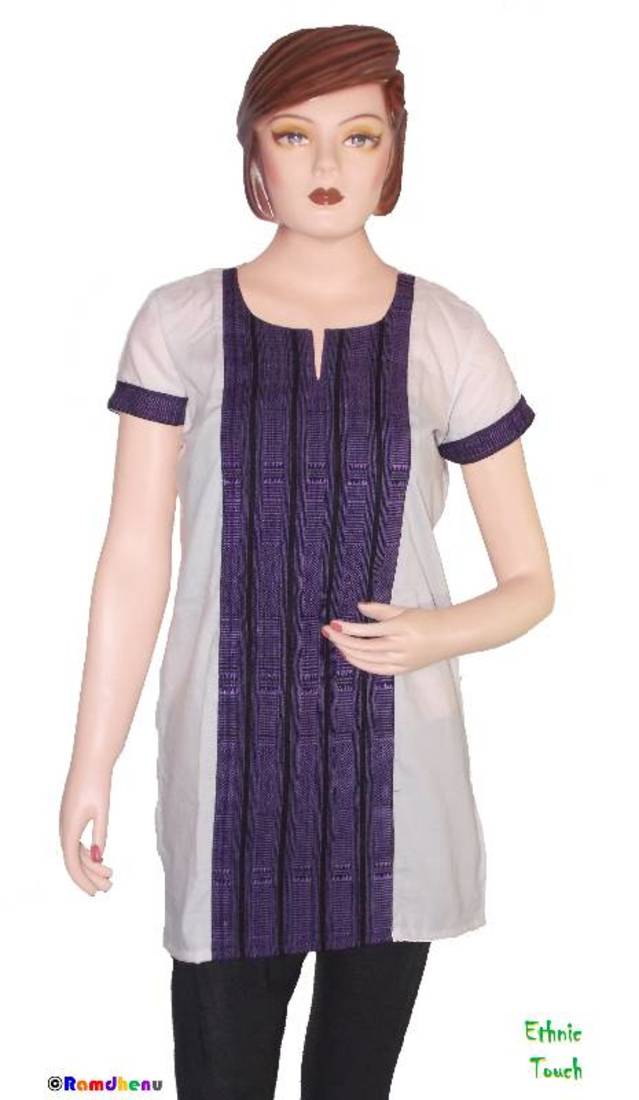 Ethnic Touch - White and Purple Kurti with weaving patch