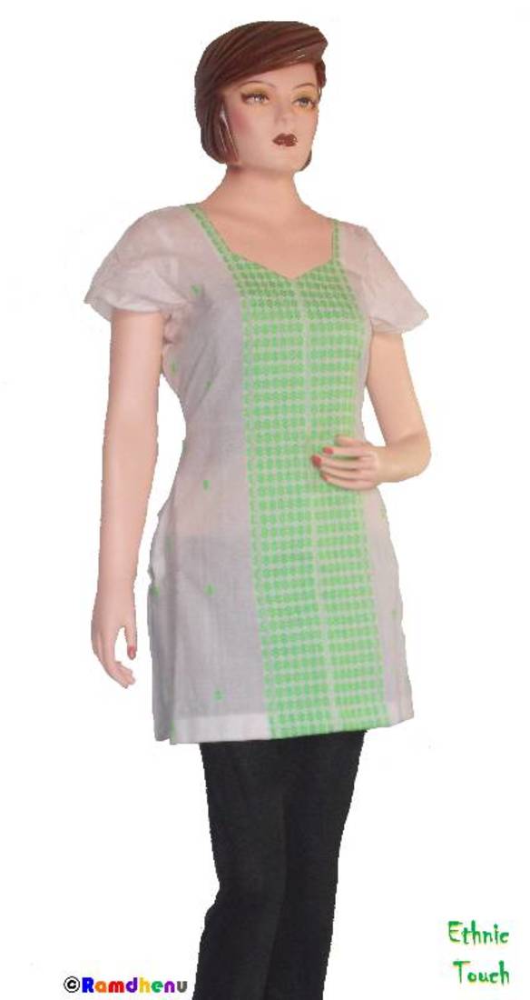 Ethnic Touch - White and Green Kurti with weaving work