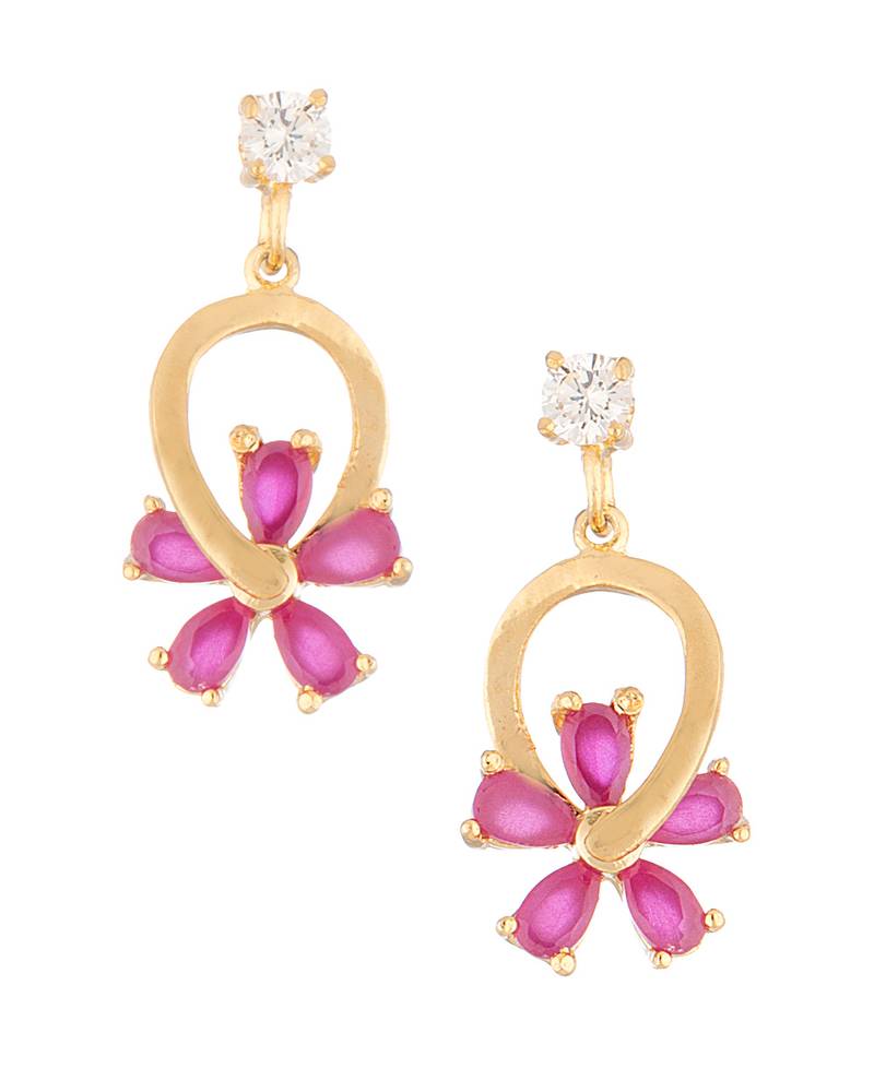 Floral Design Pink Stone Studded Gold Toned Earrings