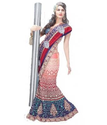 Triveni Red Chiffon Lehenga Saree Embroiderd Blouse - 6209 1