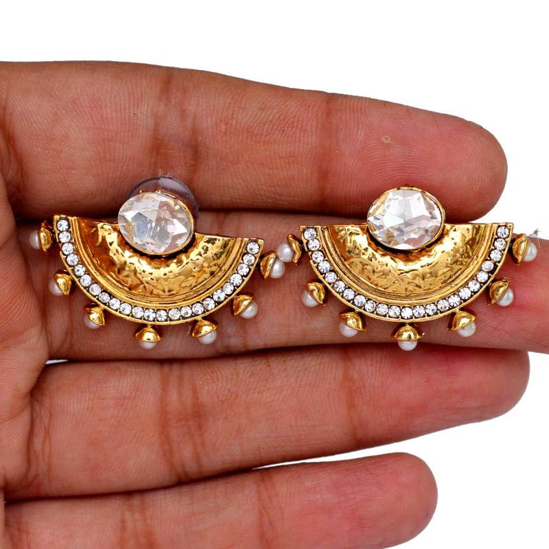 South Indian Gold Plated Earcuff Style Clear Stone Stud Earrings