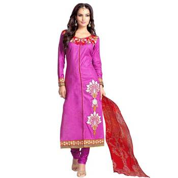 Purple embroidered cotton unstitched salwar with dupatta 1