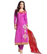 Purple embroidered cotton unstitched salwar with dupatta