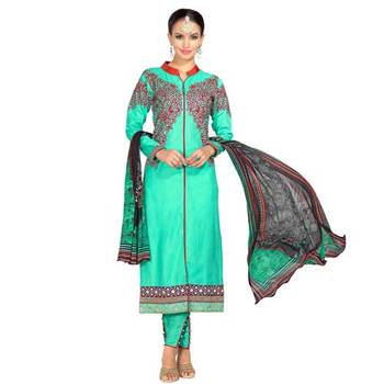Green Embroidered Cotton Unstitched Salwar With Dupatta 1