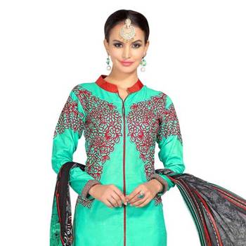 Green Embroidered Cotton Unstitched Salwar With Dupatta 2