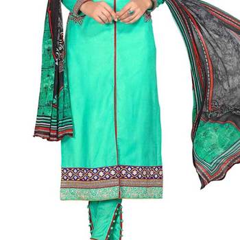 Green Embroidered Cotton Unstitched Salwar With Dupatta 3