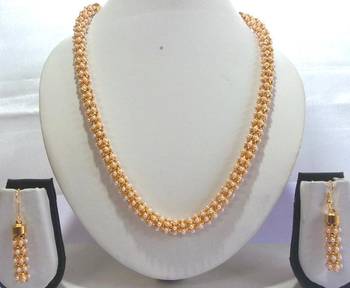 Golden White Pearl Long Chain Necklace Set 1
