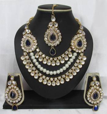 three line blue stone pearl  Wedding Necklace set 1