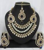 three line blue stone pearl  Wedding Necklace set