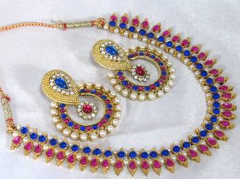 Pink and blue layer polki necklace set 1