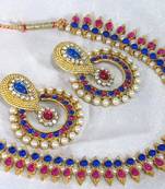 Pink and blue layer polki necklace set
