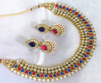 Pink and Blue tilak pearl gota necklace set 1