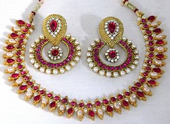 Dark pink Double stone pearl polki necklace set 1