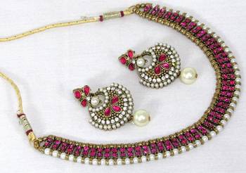 Antic dark pink stone polki necklace set 1