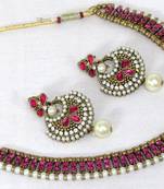 Antic dark pink stone polki necklace set