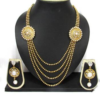 Four Line Golden Chain Long Pearl Necklace Set 1