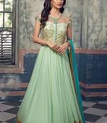 Green embroidered net unstitched salwar with dupatta