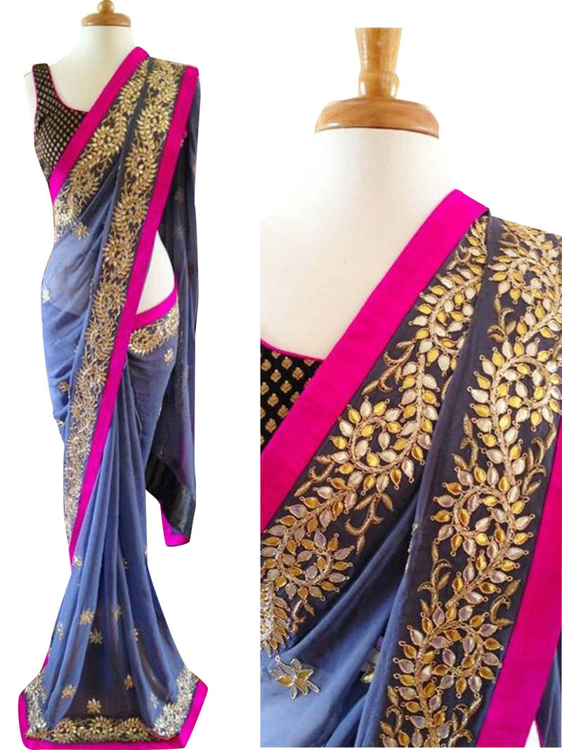 Women's Georgette Teal blue Embellished Designer Saree With Blouse Piece main image 0