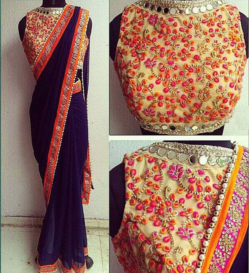 Navy Blue Embellished Georgette Saree With Unstitched Blouse Piece