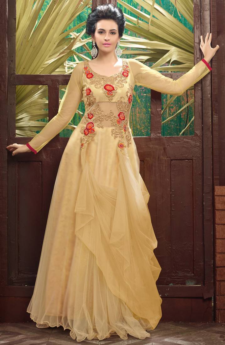Beige soft net embroidered party wear gowns