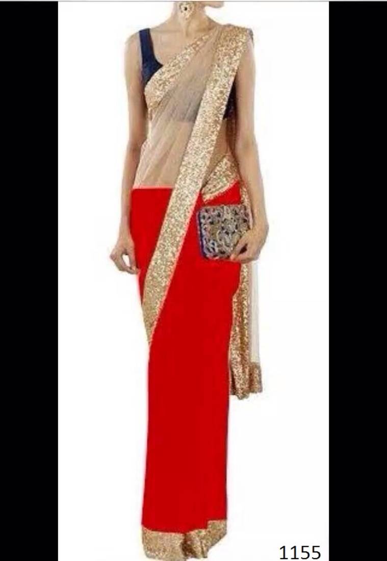 red plain net saree With Blouse