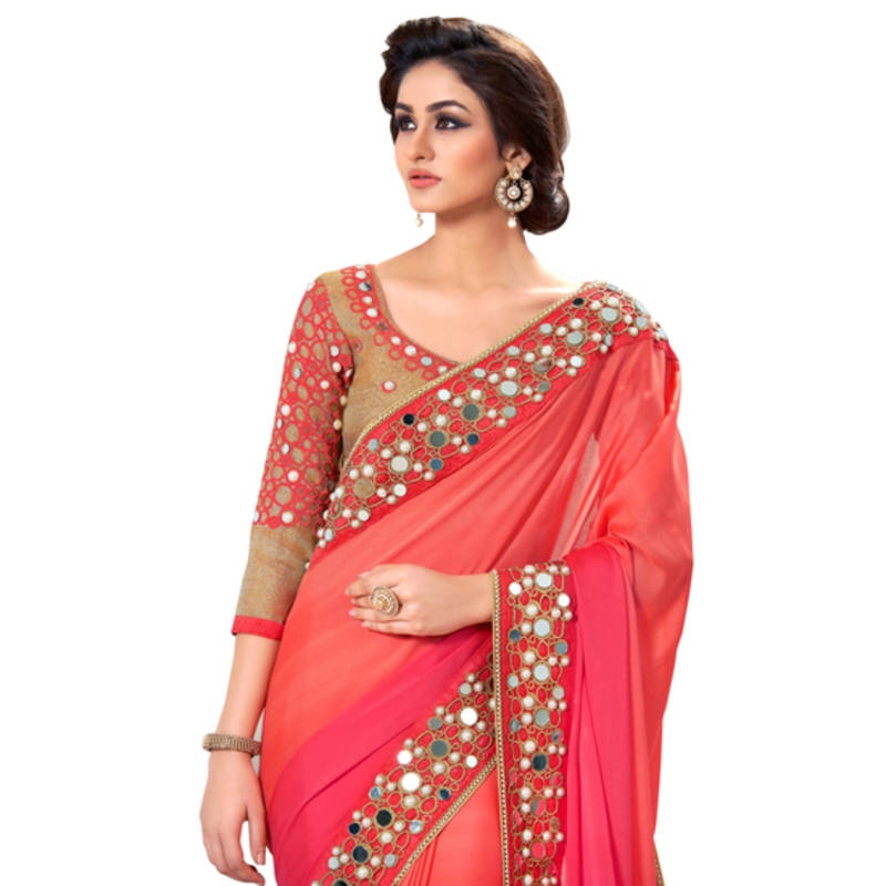 light red embroidered jacquard saree With Blouse OM FASHION 1195486
