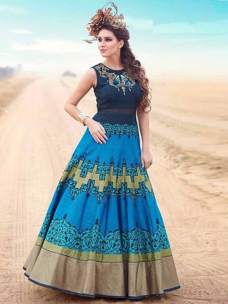 Blue art silk hand woven semi stitched indian wedding bridal gowns - Maitri  Fashion - 1195170