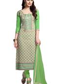 Green cotton embroidered semi stitched salwar with dupatta
