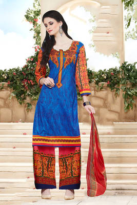 Blue cotton printed unstitched salwar with dupatta 1