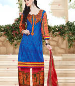 Blue cotton printed unstitched salwar with dupatta