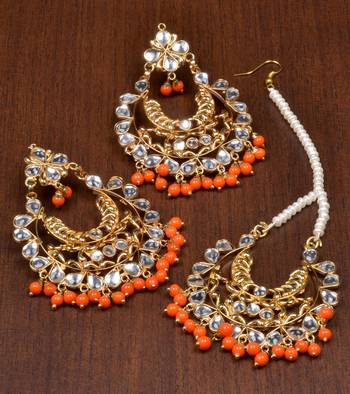 Kundan and Orange Beads Embellished Earrings cum Maang Tika 217MT26 1