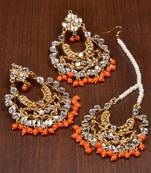 Kundan and Orange Beads Embellished Earrings cum Maang Tika 217MT26