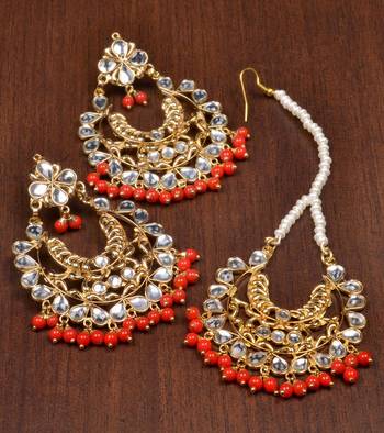 Kundan and Red Beads Embellished Dangler Earrings cum Maang Tika 217MT28 1